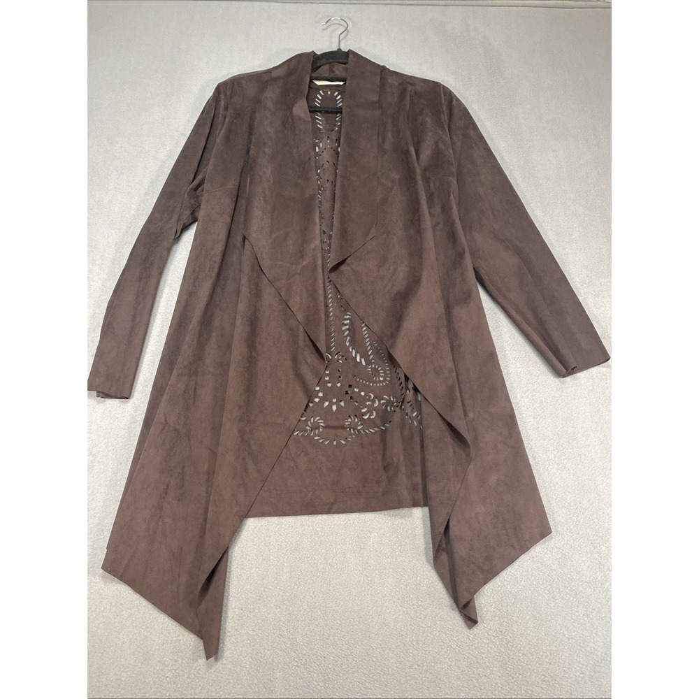 Soft Surroundings Md Faux Suede Jacket Open Front Brown Laser Cut Boho Lagenlook